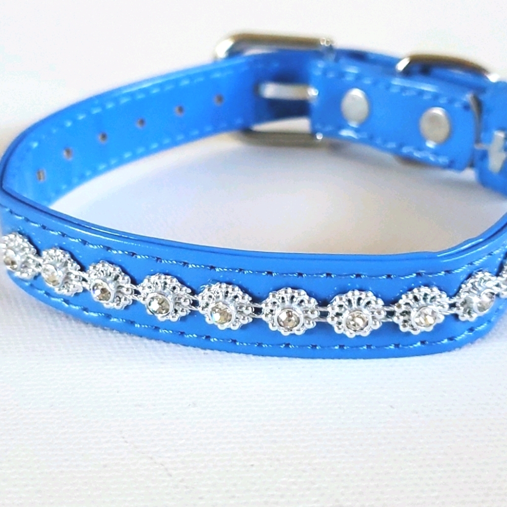 Dog Collar Crystal Flowers Faux Blue Patent Leathe